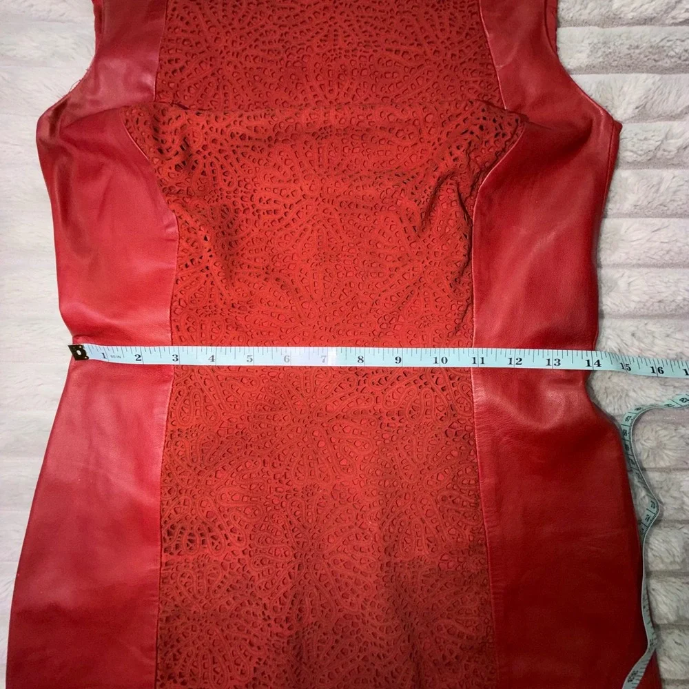 Vakko Women's 2 Red Leather Laser Cut Lace Front Sheath Dress Sleeveless 90s